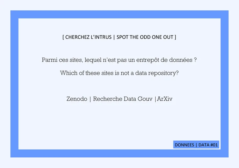 A quiz card with a square blue frame, a question in French and English, and three answers.
